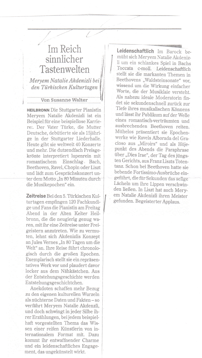 Rezension Gesprchskonzert Alte Kelter Heilbronn 12.10.2012 - Pianistin Meryem Natalie Akdenizli