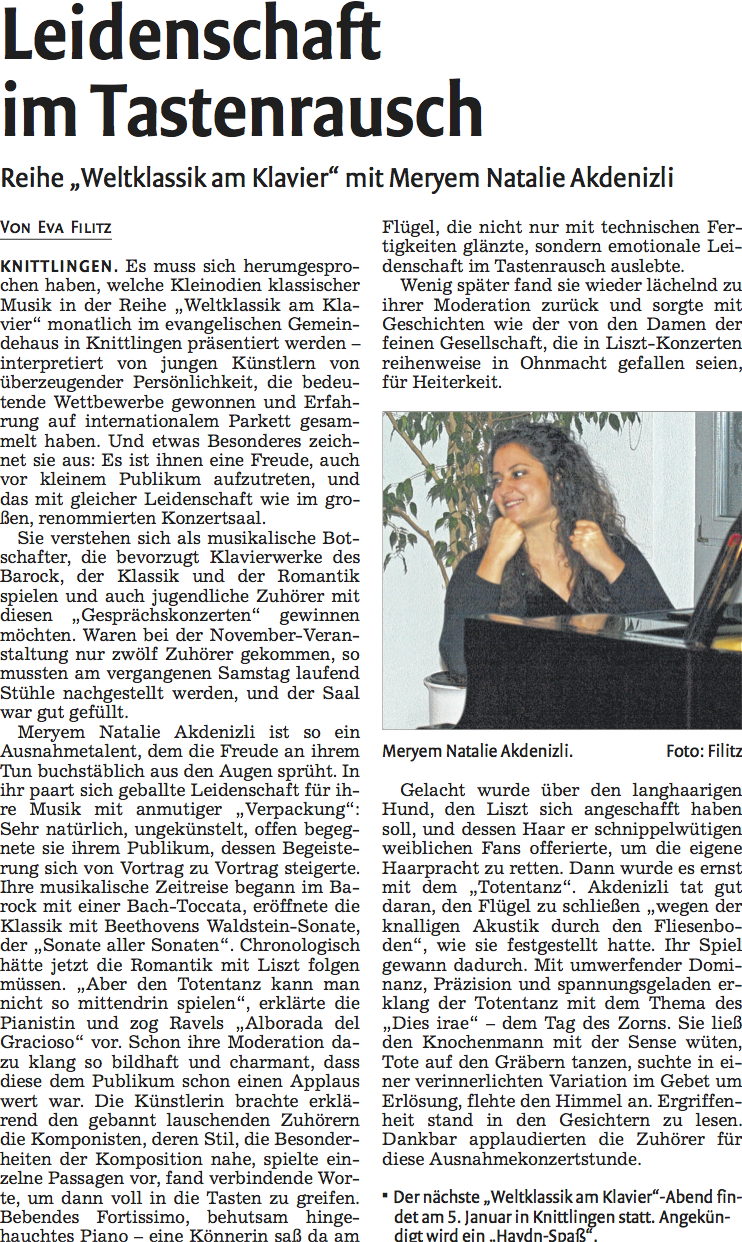 Rezension Mhlacker Tagblatt - Pianistin Meryem Natalie Akdenizli